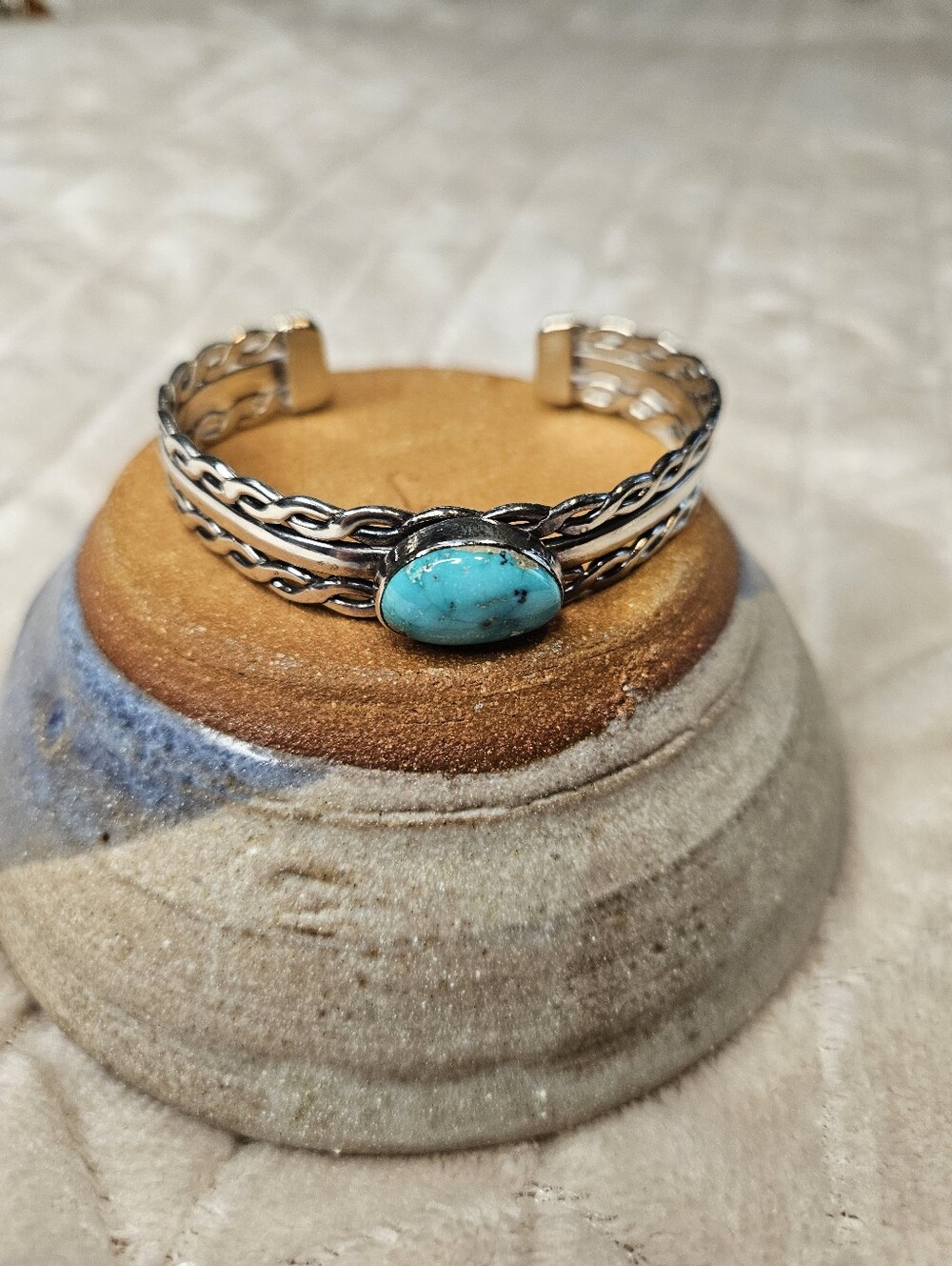 Native American Turquoise Stone Silver Cuff Bracelet - Bright Turquoise - Picture 4 of 5